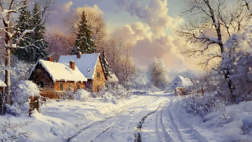 Snow covered rural cottages along curved winter road.