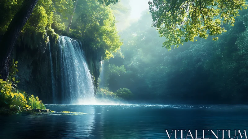 Sunlit forest waterfall pours into tranquil blue lagoon