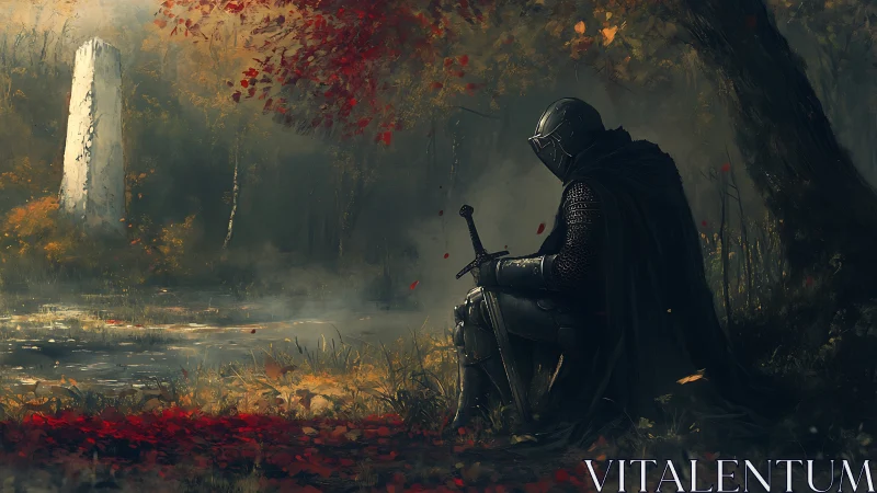 Solitary armored knight resting by autumn forest monolith.