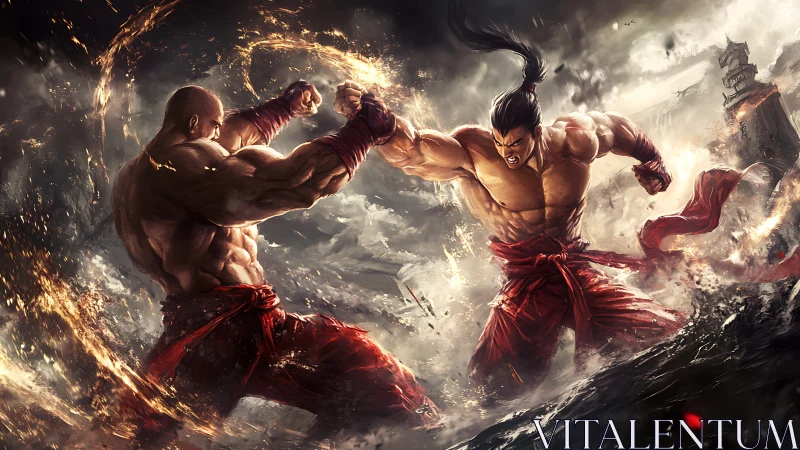 Twin inferno warriors collide amid storm-torn battlefield.