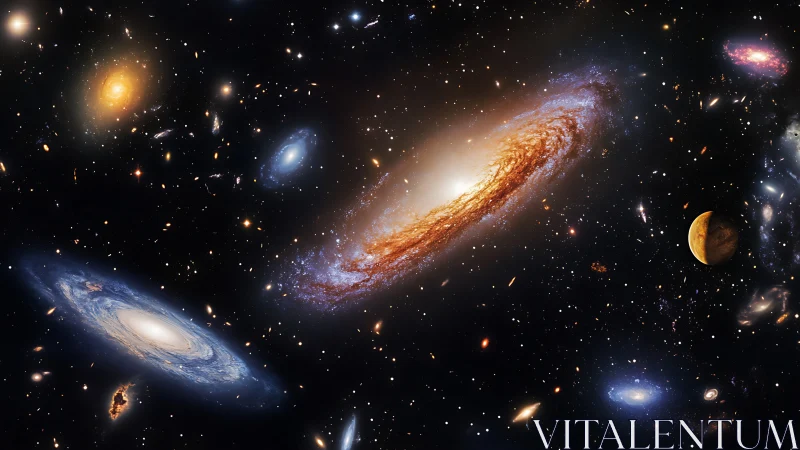 Spiral galaxy waltz swirling through a jeweled deep cosmos.