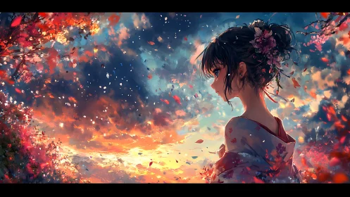 Side profile of kimono girl against dense sunset sky.