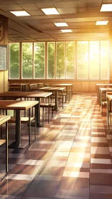 Sunlit empty classroom interior with tiled reflective floor.