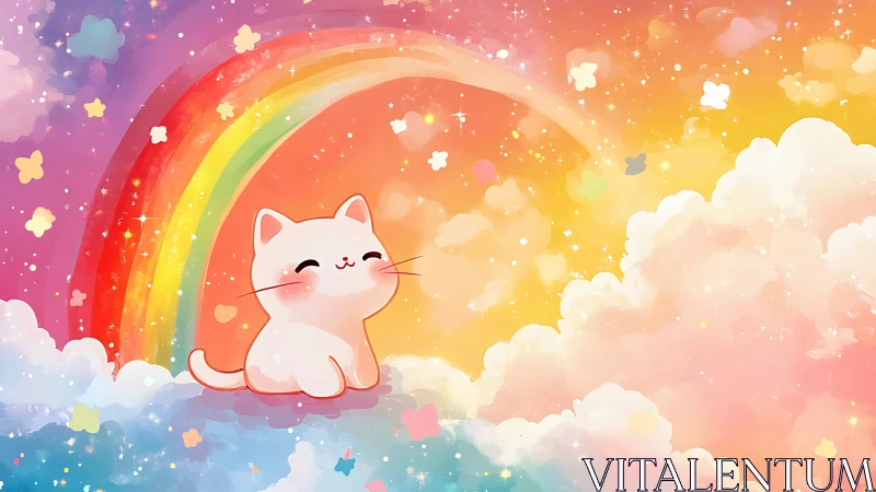 Gentle pastel kitty smiles beneath a sparkling rainbow sky