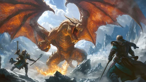 Armored warriors confront a roaring dragon in glacial canyon