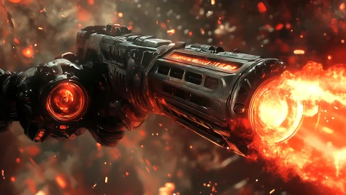 Massive sci-fi plasma cannon unleashes blazing inferno shot.