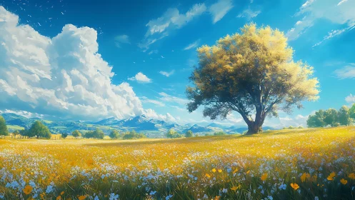 Golden meadow tree basks beneath towering summer clouds