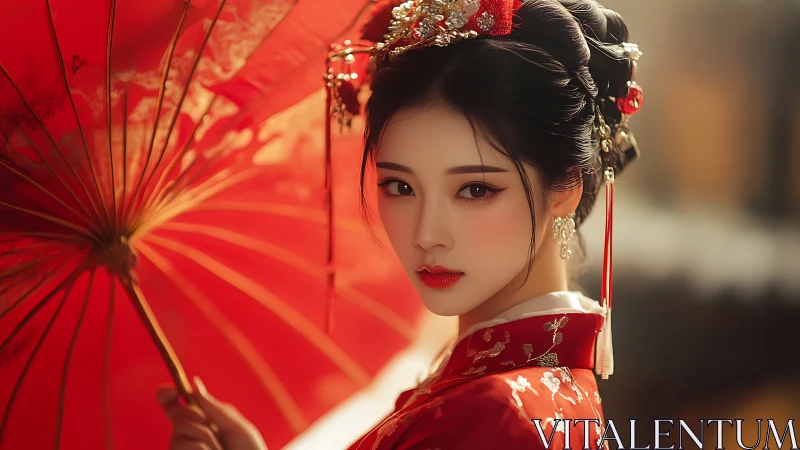 Portrait analyzes ornate hanfu, parasol geometry and bokeh depth