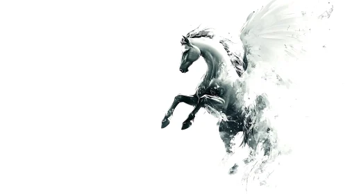 Winged white stallion dissolving into abstract splashes.