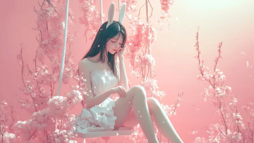 Dreamy bunny-eared girl resting in soft pink blossoms.