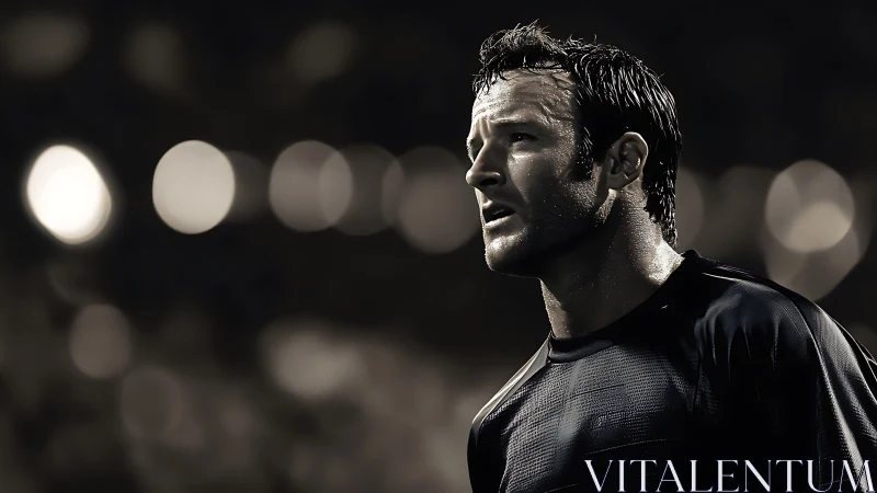 Sweat-drenched footballer under stadium bokeh floodlights.