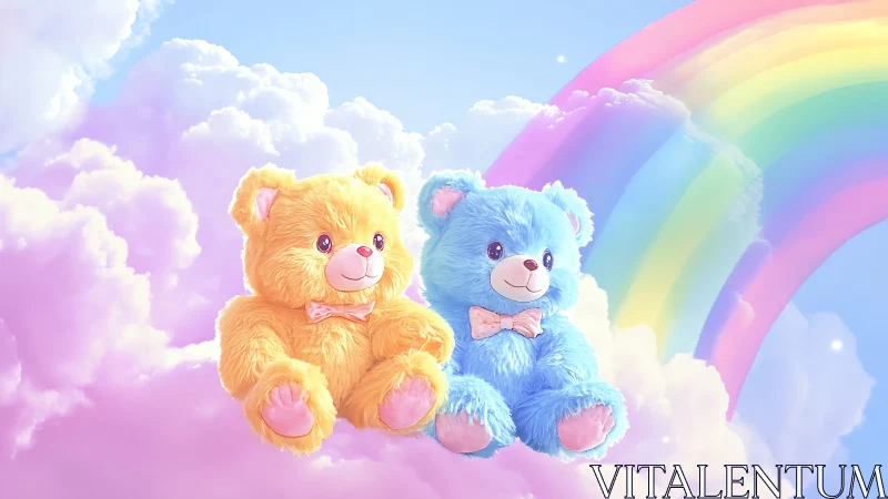 Rainbow-cloud teddy duet basking in candyfloss sky glow.