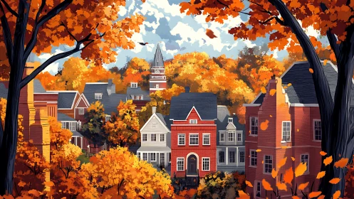 Row houses stand among dense autumn foliage and tall trees