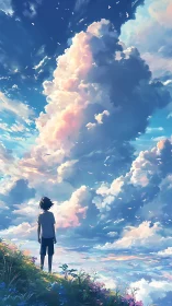 Solitary boy observing luminous clouds over vast skyscape.