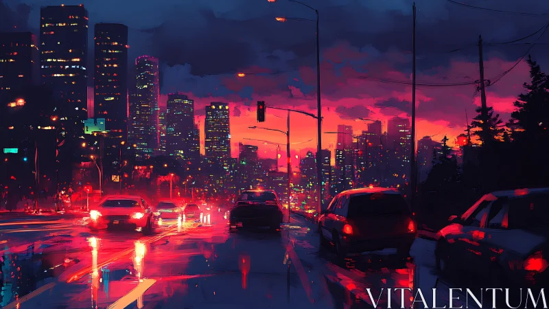 Neon dusk commute through rainlit cyber city streets.