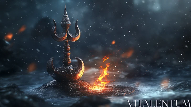 Forged trident moon relic amid stormlit water and sacred flame