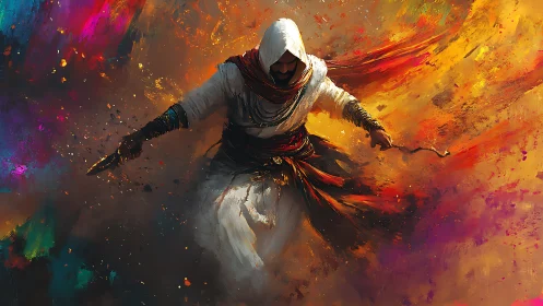 Hooded desert rogue dancing through an explosion of paint.