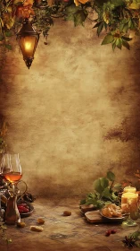 Warm autumn still life with lantern, candles and wine.