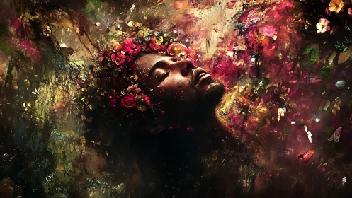 Human face merged with dense abstract floral textures.
