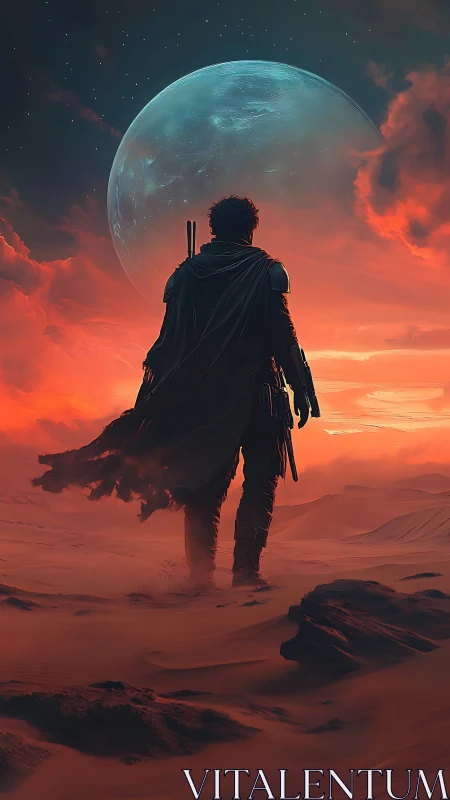 Lone desert wanderer crossing crimson sands beneath twin moon.