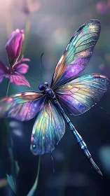 Iridescent dragonfly macro with spectral bokeh field study.