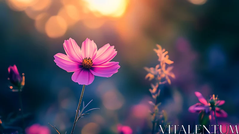 Pink Cosmos Flower in Golden Hour Bokeh