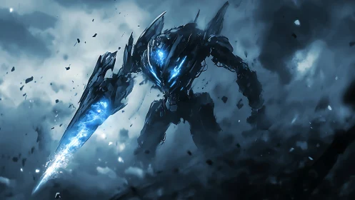 Cybernetic war titan ignites stormy battlefield with energy blade.