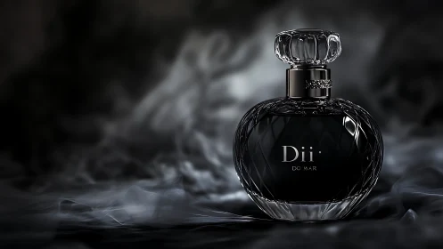 Luxurious faceted perfume bottle in cinematic smoke ambience.