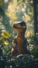 Young dinosaur standing alert in soft jungle light.