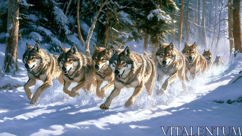 Kinetic wolf pack traversal through sunlit boreal snowfield.