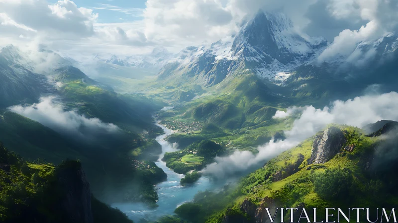 Aerial alpine valley river system under stratified cloud ceiling