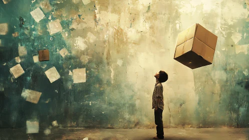 Boy watching a floating box drift through a dreamlike room.