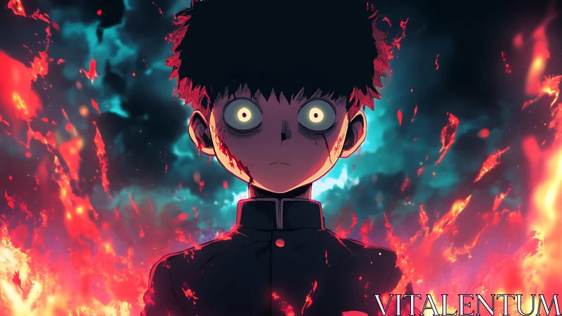 Psychic boy stands amid erupting flames and eerie light