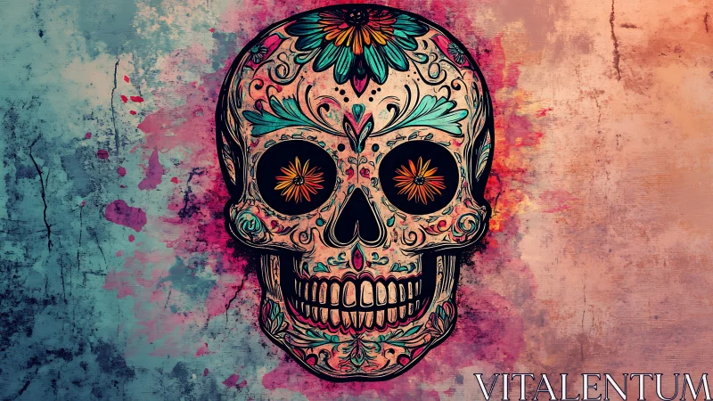 Floral sugar skull blooms against grungy twilight wall.