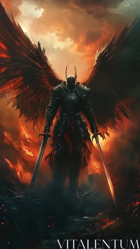 Fierce winged warrior rising from glowing fiery shadows.