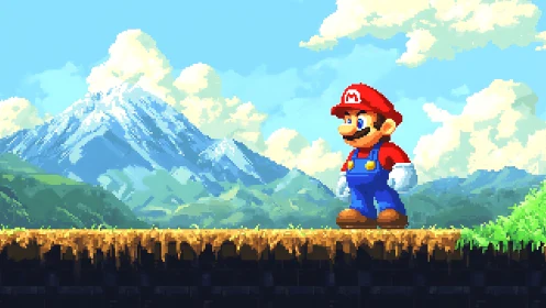 Pixel art Mario standing on platform before mountains.