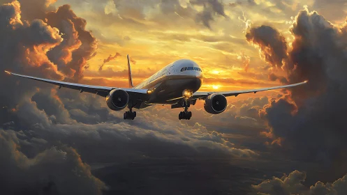 Sunset storm-runner jet carving firelit cloud canyons.