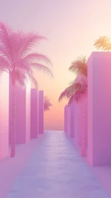 Pink palm corridor renders stylized tropical sunset scene