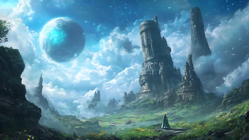 Digital painting of colossal alien monoliths in azure skyscape.