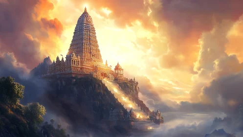 Radiant mountain temple ascends through clouds in cinematic light