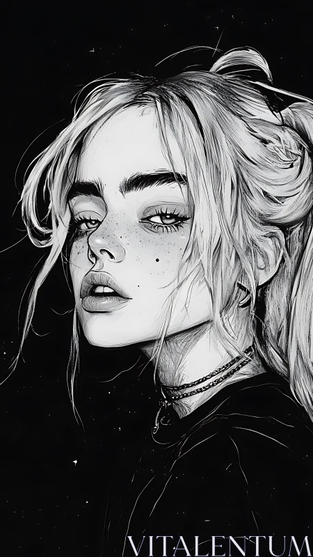 Monochrome freckled portrait with high-contrast linework.