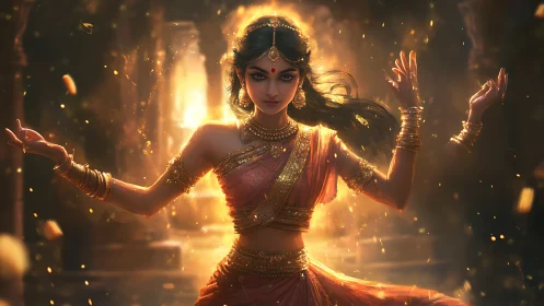 Radiant temple dancer glows in swirling golden embers of dusk