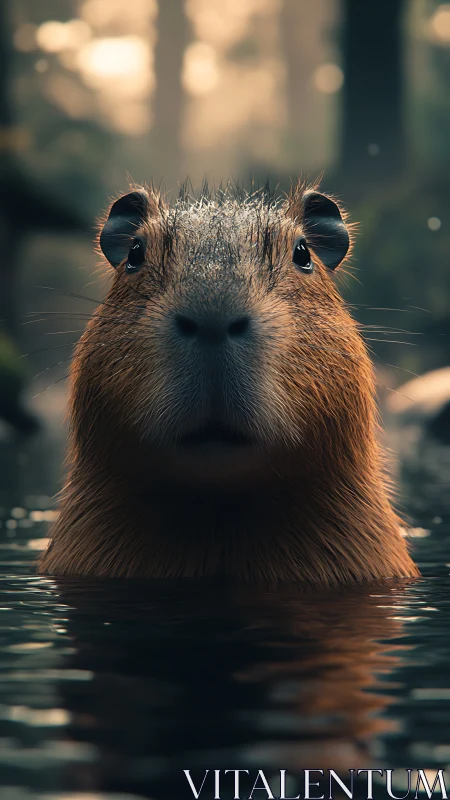 Stoic forest capybara surfaces like a tiny, wet oracle