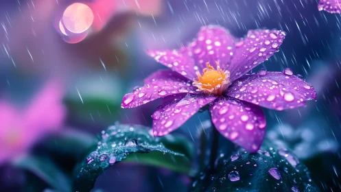 Purple Flower with Dewdrops in Rain. Digital Rendering.