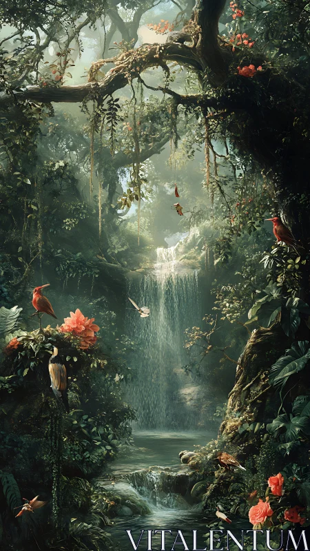 Emerald waterfall sanctuary where songbirds keep quiet magic.