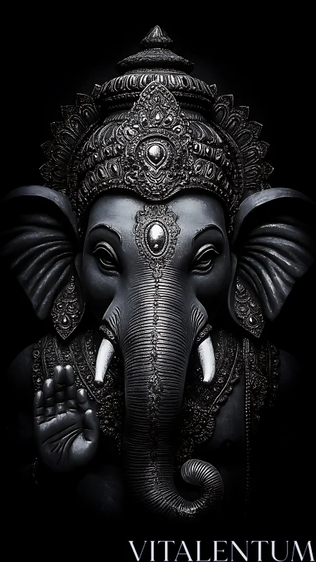 Ornate dark Ganesh idol rendered with high-contrast light