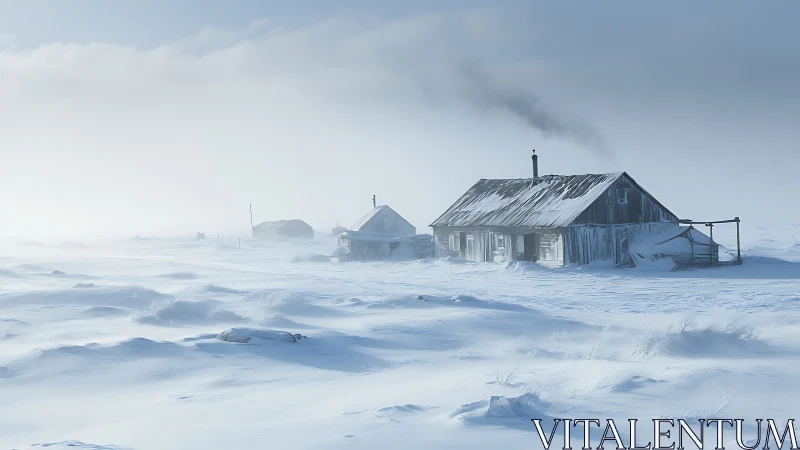 Snowbound cabin exhaling smoke into pale arctic silence.