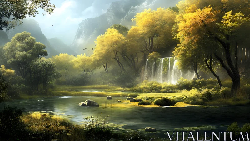 Forest waterfall landscape shows misty mountains and lake