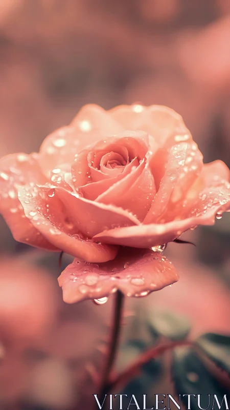 Coral rose glistens, crowned with dewdrops in soft focus