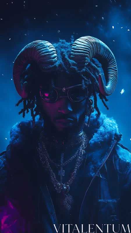 Neon ram‑crowned wanderer stalks through electric midnight fog